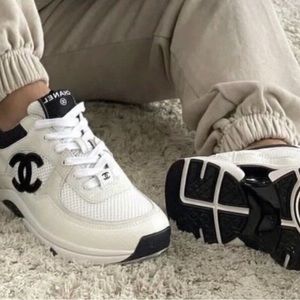 Chanel Mesh Suede Calfskin Grained CC Sneakers White EU37
